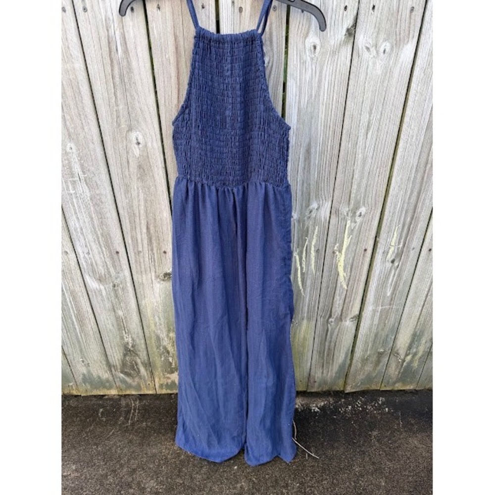 Boho Coastal Universal Thread Jumpsuit Small Navy Blue Smocked Wide Leg